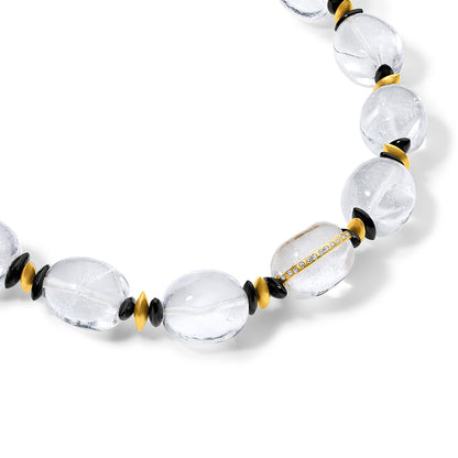 Snakefruit Seed Necklace with Rock Crystal, Black Onyx, 22kt Gold, and Diamonds