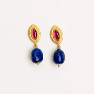 Mini Double Seed Earrings in Pink Tourmaline, Lapis Lazuli, and Diamond