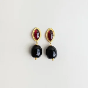 Double Seed Earrings in Garnet, Black Onyx, Diamond, and 22kt Gold