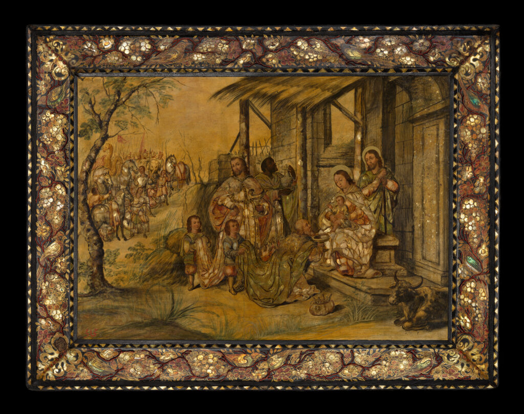 The Adoration of the Magi, a Mexican enconchado painting inlaid with mother-of-pearl