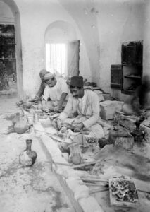 Artisans working with mother-of-pearl in a workshop in Bethlehem